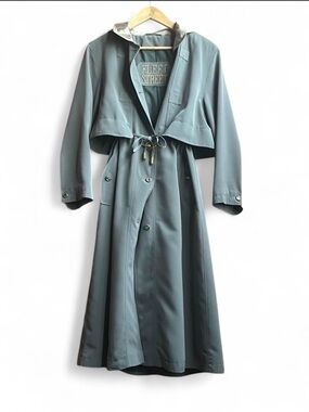 vintage Light fog/sage green hooded trench/rain coat w- champange-gold accents